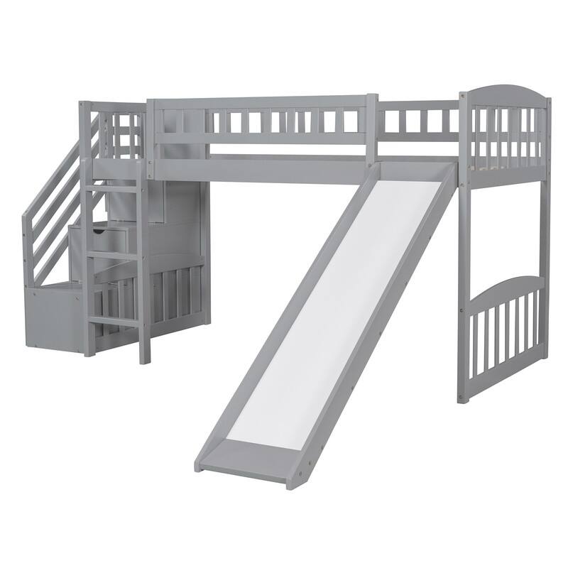 94" Staircase Double Loft Bed with Two Drawers and Slide Rail